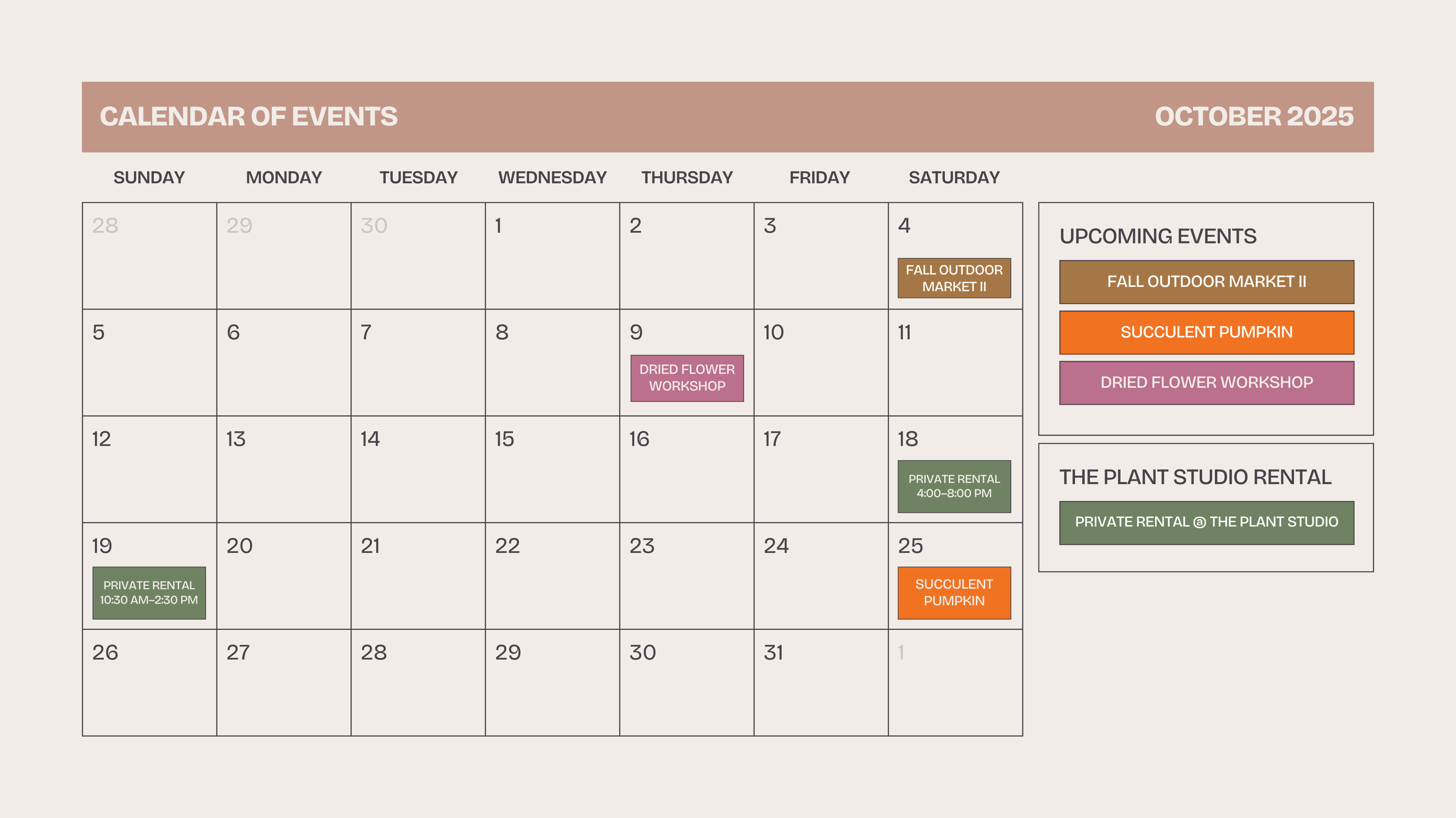 Calendar of events for October 2025 with colored boxes indicating upcoming events.
