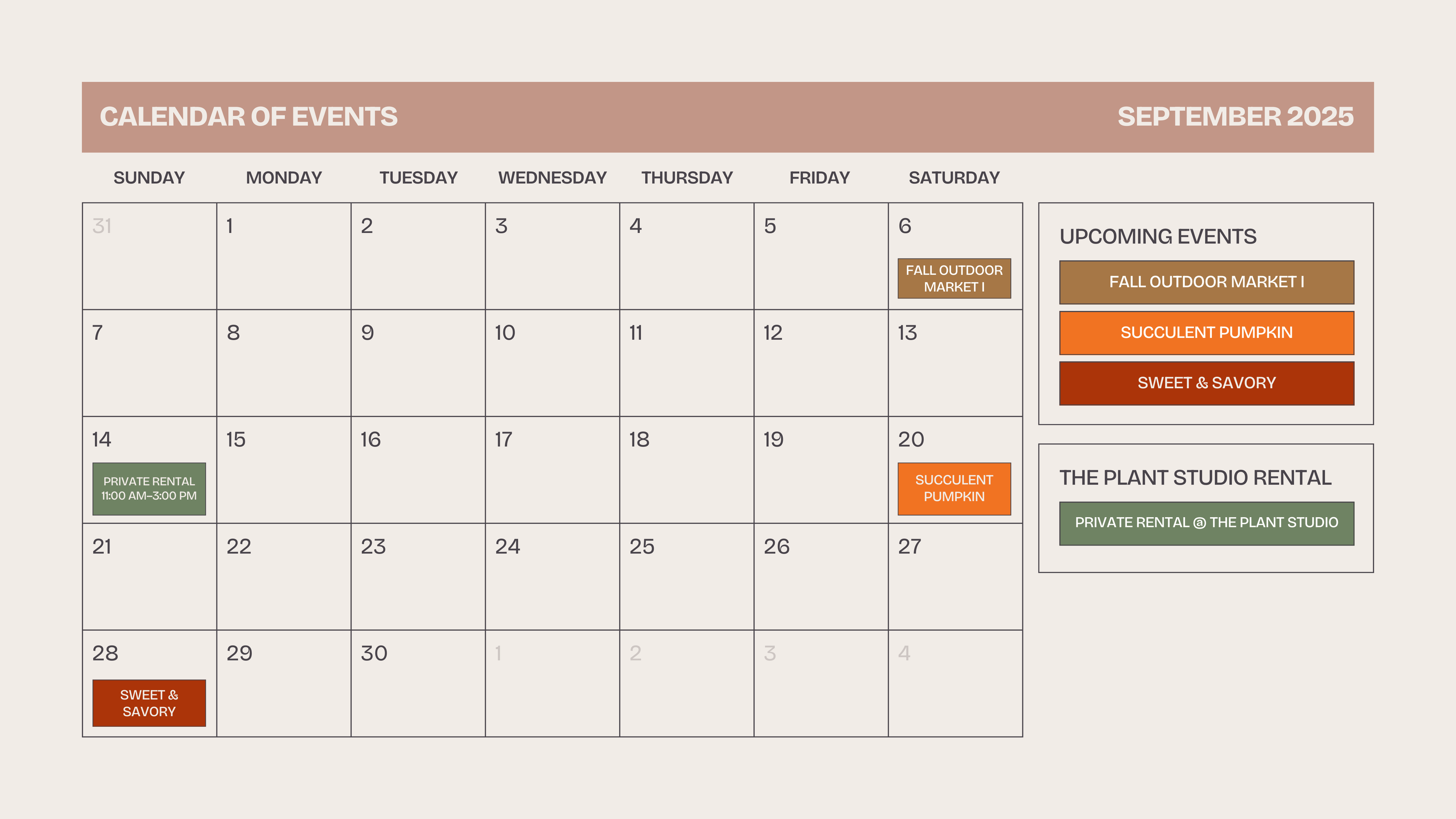 Calendar of events for September 2025 with highlighted dates and event details.