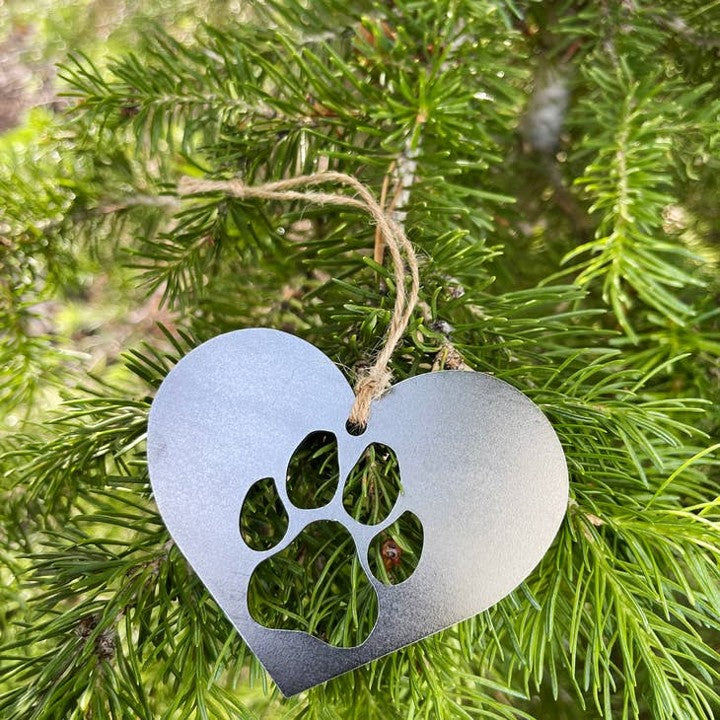 Dog Paw Heart Raw Steel Metal Ornament