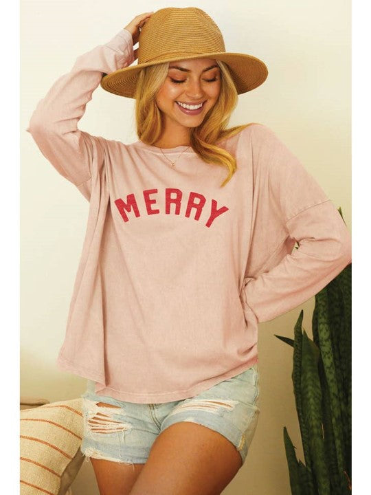 Merry Mineral Washed Long Sleeve Graphic Top