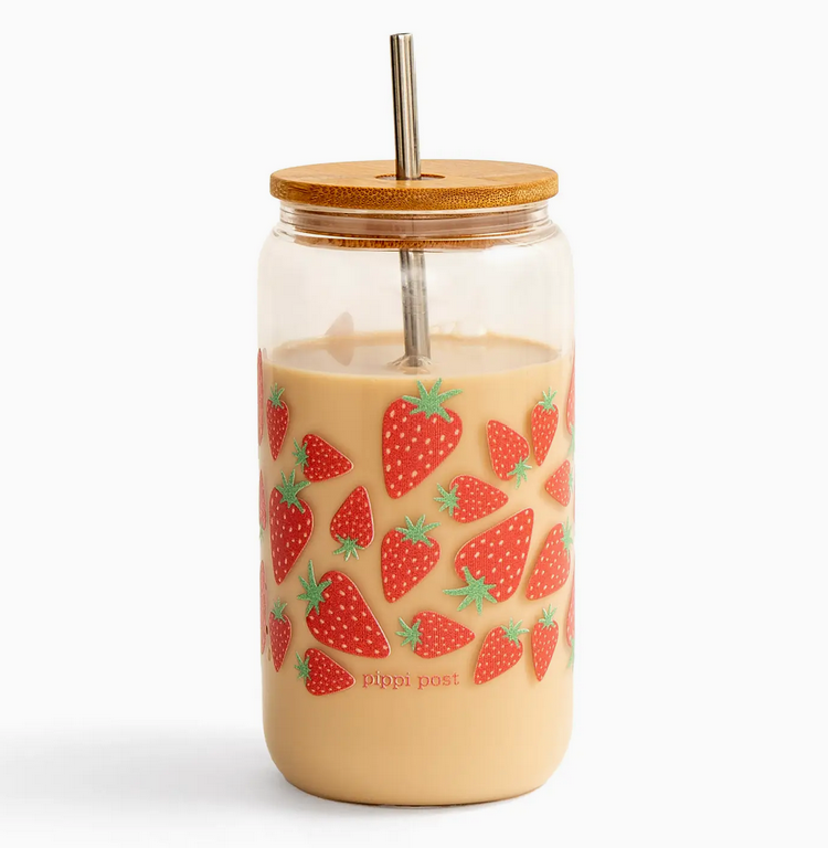 Strawberry Glass Can With Straw