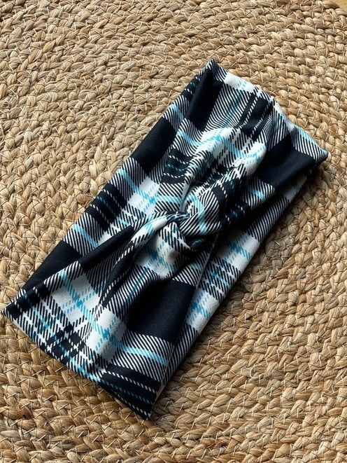 Black, Blue, and White Plaid Knit Twist Headband