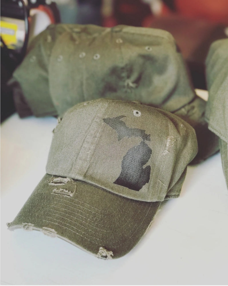 Distressed Dark Olive + Black Michigan Hat