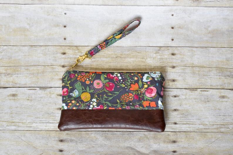 Pink and Gray Floral Wristlet