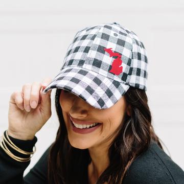 White Plaid Flannel Hat + Red Felt MICHIGAN