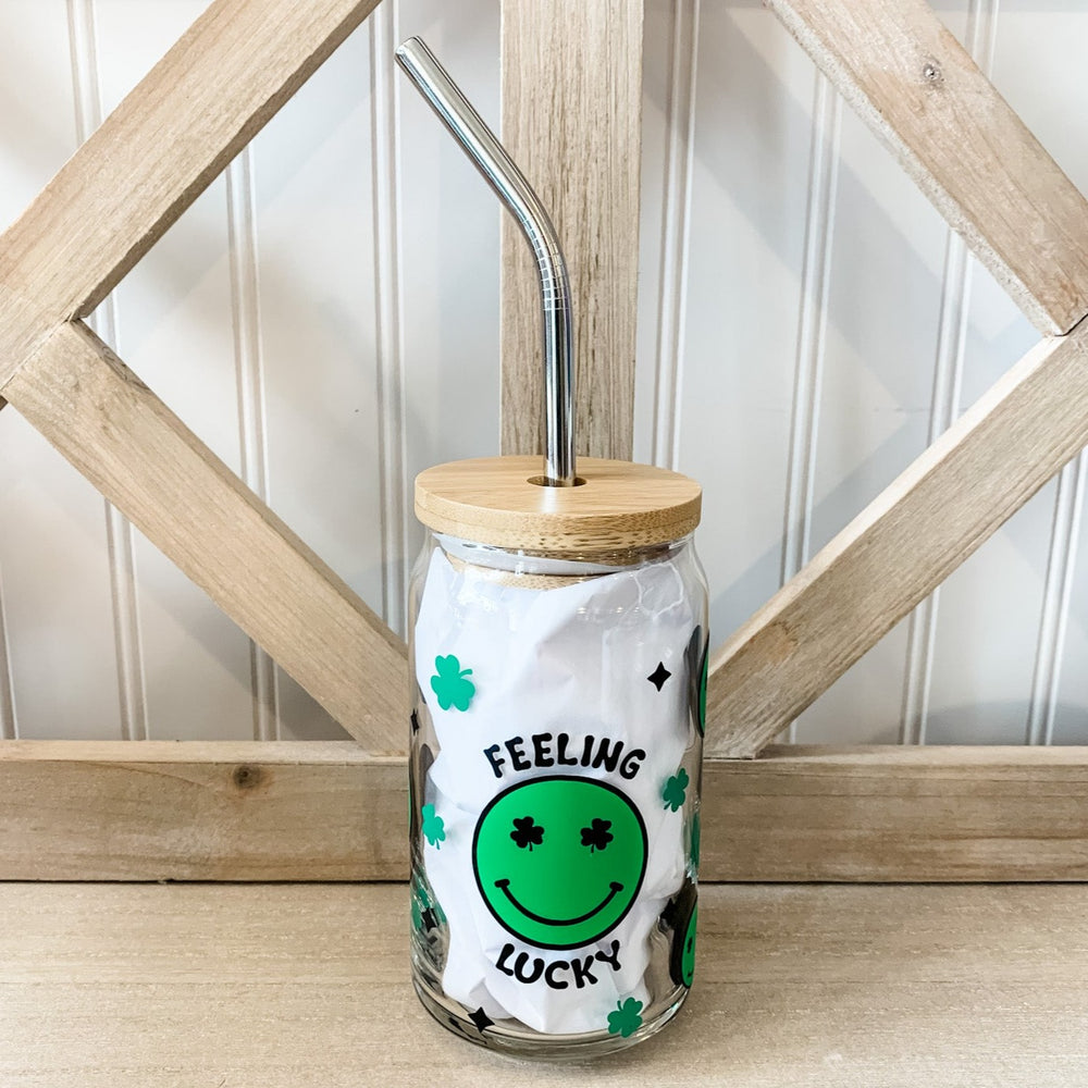 Feeling Lucky Glass Cup w/Lid & Straw