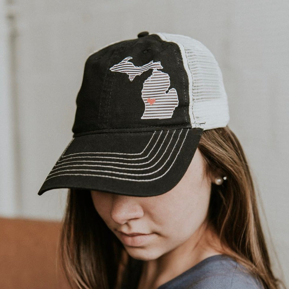 Stripe + Heart Michigan { Black } Trucker Hat