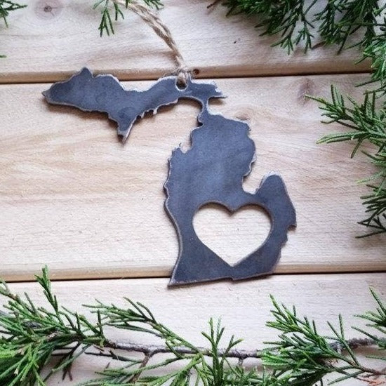 Michigan State Rustic Steel Ornament with Heart