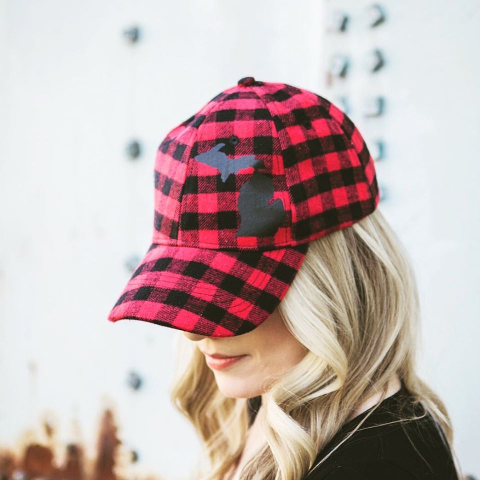 Red Plaid Flannel Hat + Black Felt MICHIGAN