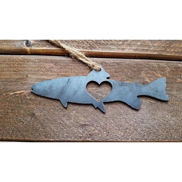 Trout Fish Ornament w/ Heart made from recycled steel