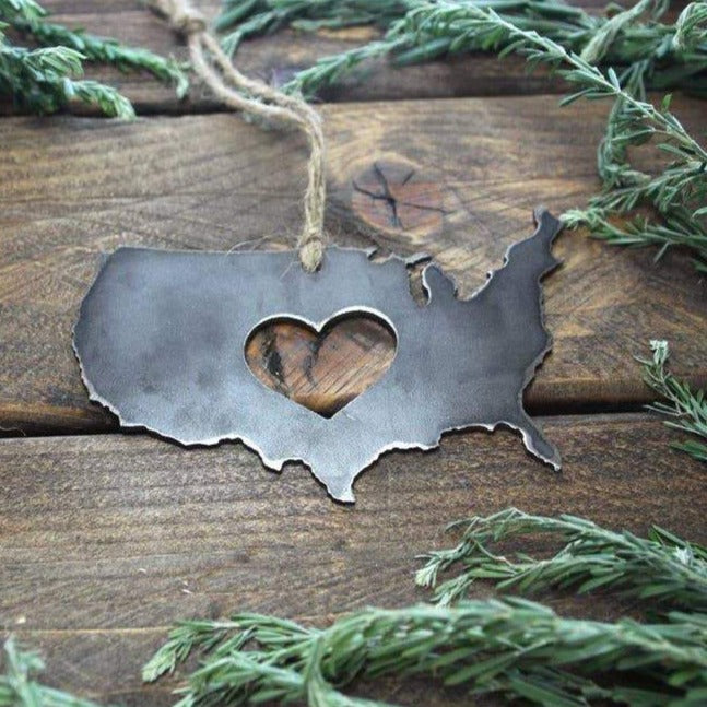 United States of America Rustic Steel Ornament with Heart